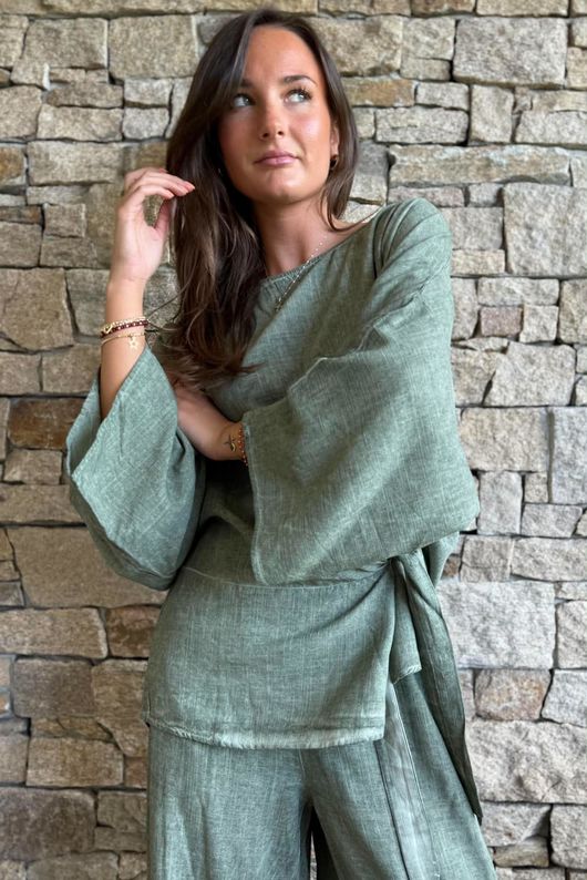 Lindin Linen Blend Kimono Top Washed Khaki